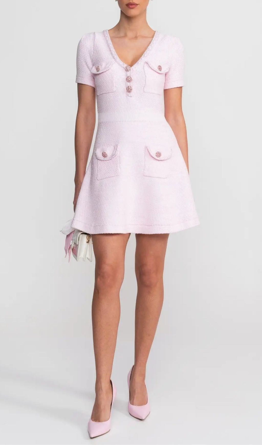 Sandra Textured Mini Dress With V-Neckline And Jewel Buttons - Pink