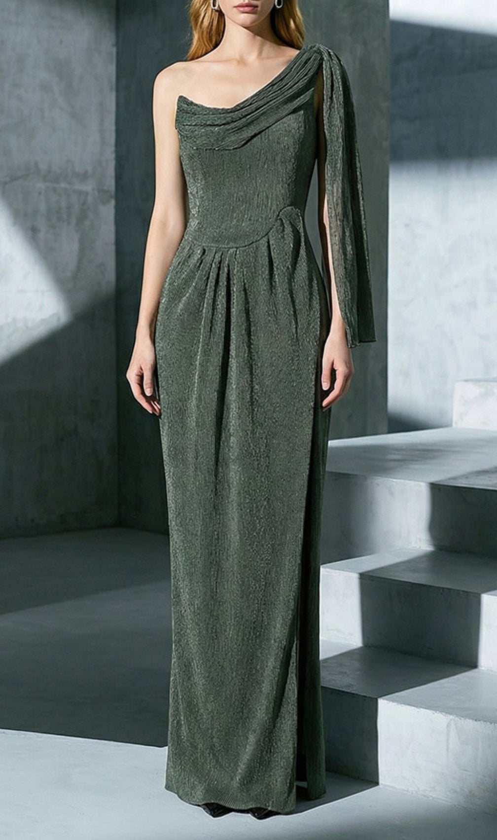 Jenae Olive One-Shoulder Maxi Dress