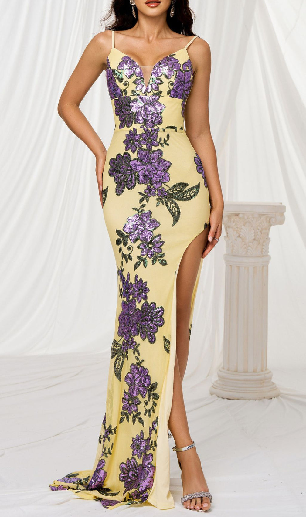 Finnea Yellow Flower Sequin Slit Maxi Dress