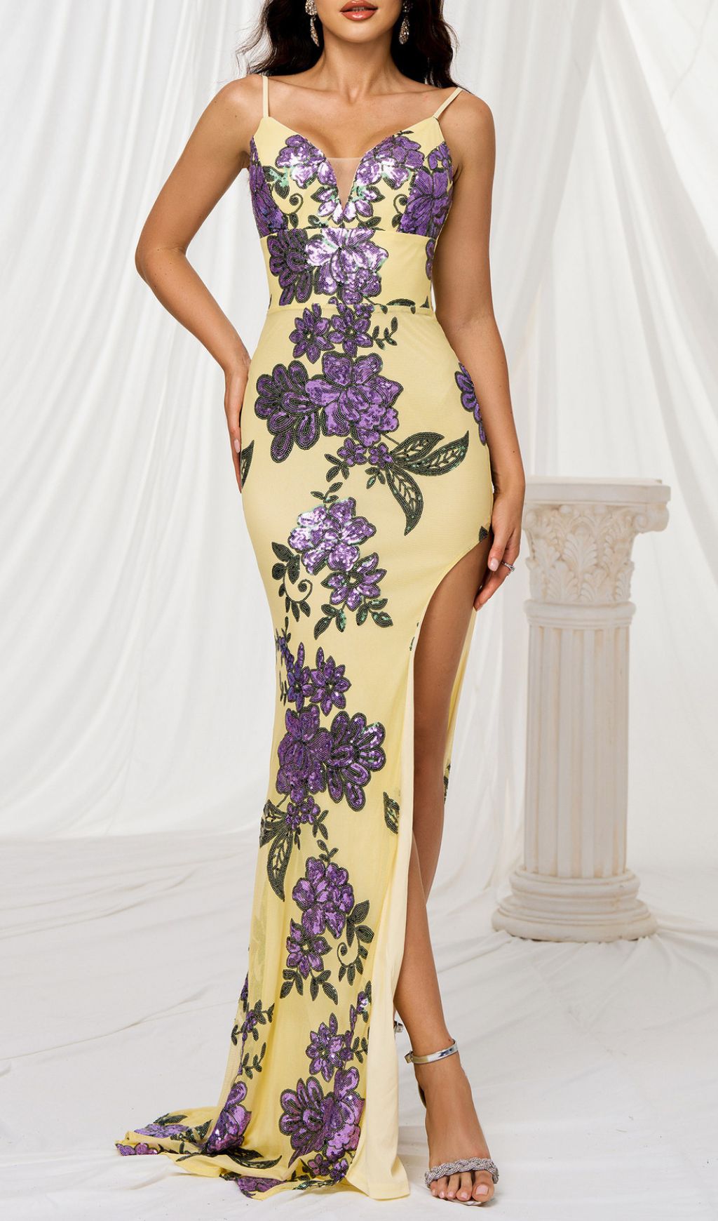 Finnea Yellow Flower Sequin Slit Maxi Dress