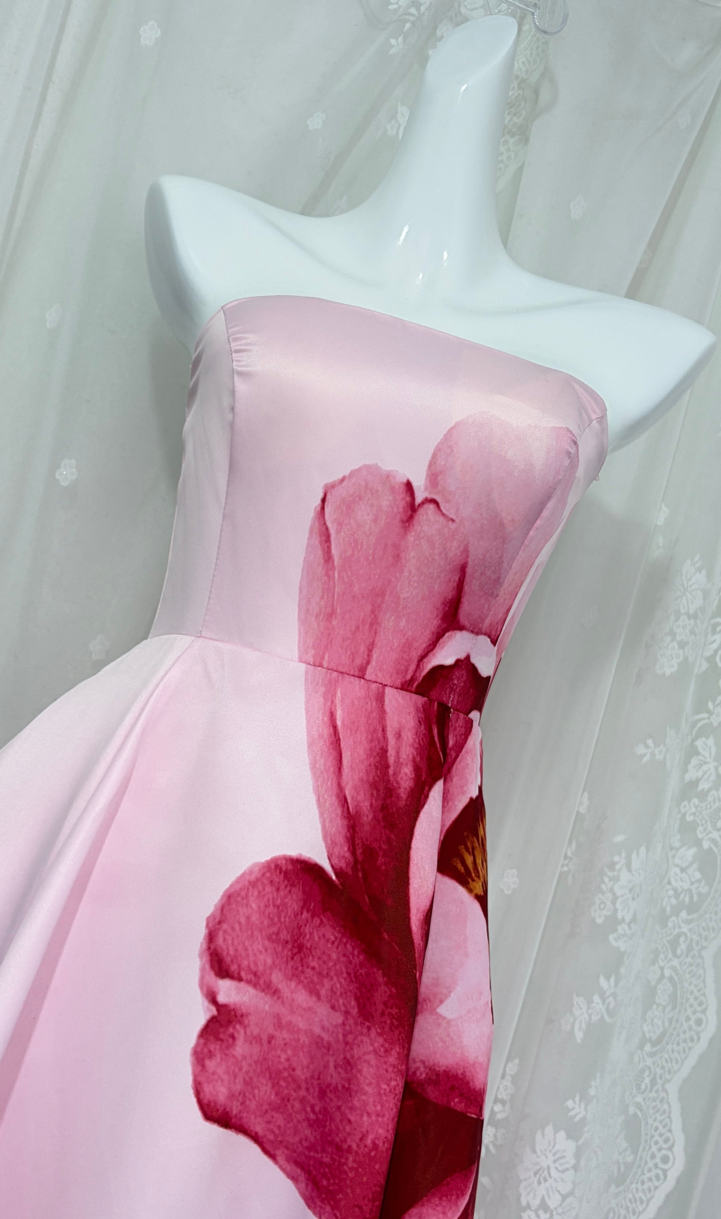Pink Strapless Large Floral Print Satin Ball Gown