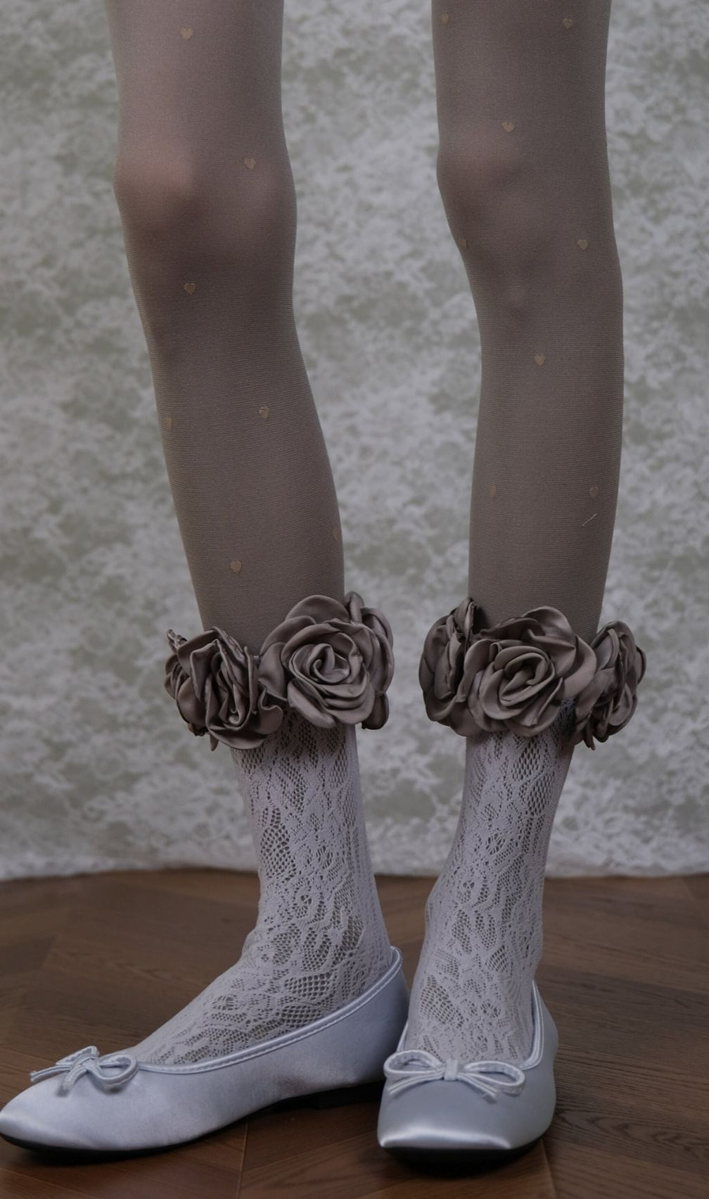 Romantic Coquette: Grey Heart Tights, Rose Lace Socks & Ankle Cuffs Set