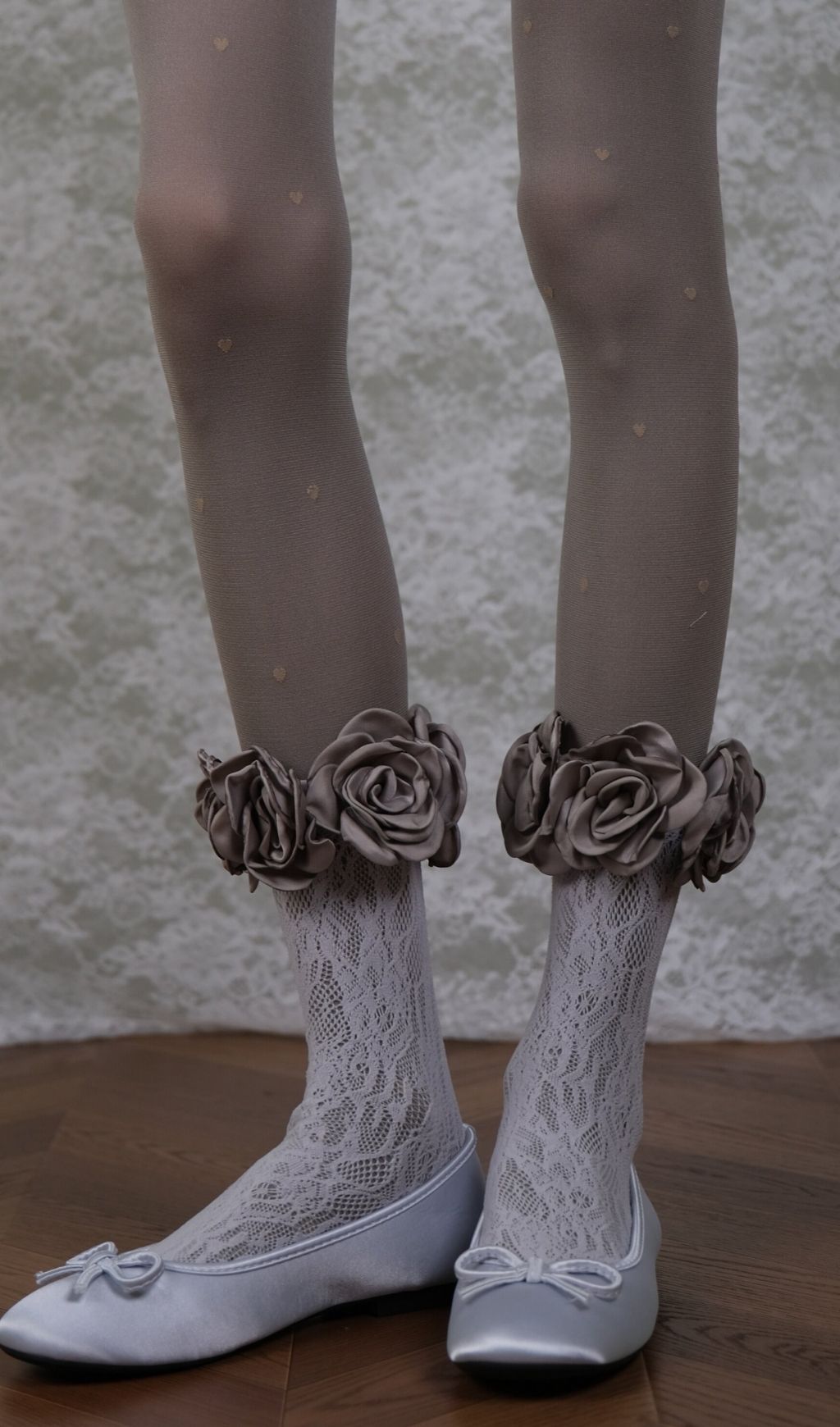 Romantic Coquette: Grey Heart Tights, Rose Lace Socks & Ankle Cuffs Set
