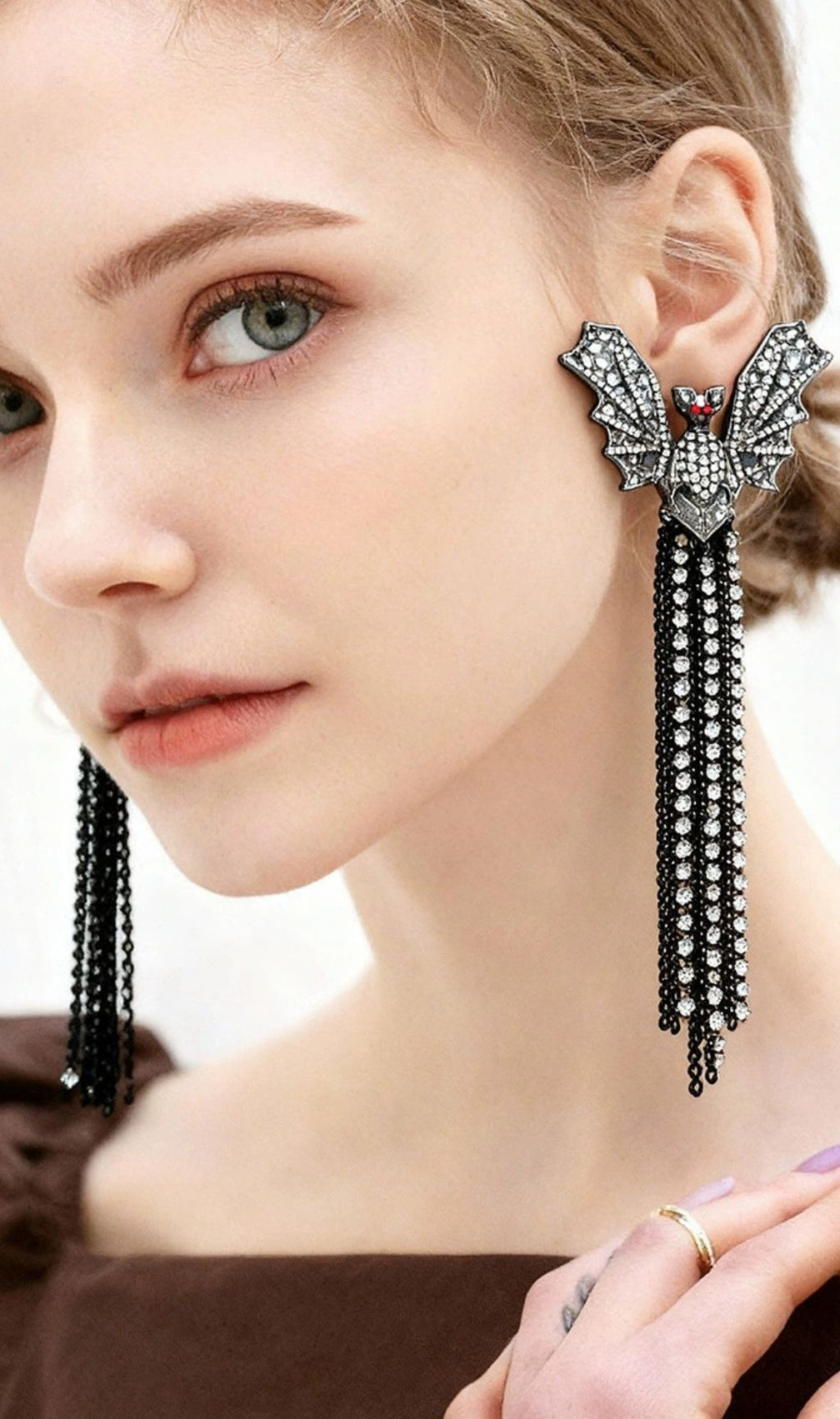 Junia Gothic Bat Tassel Earrings | Sparkling Crystal Statement Dangles for Women