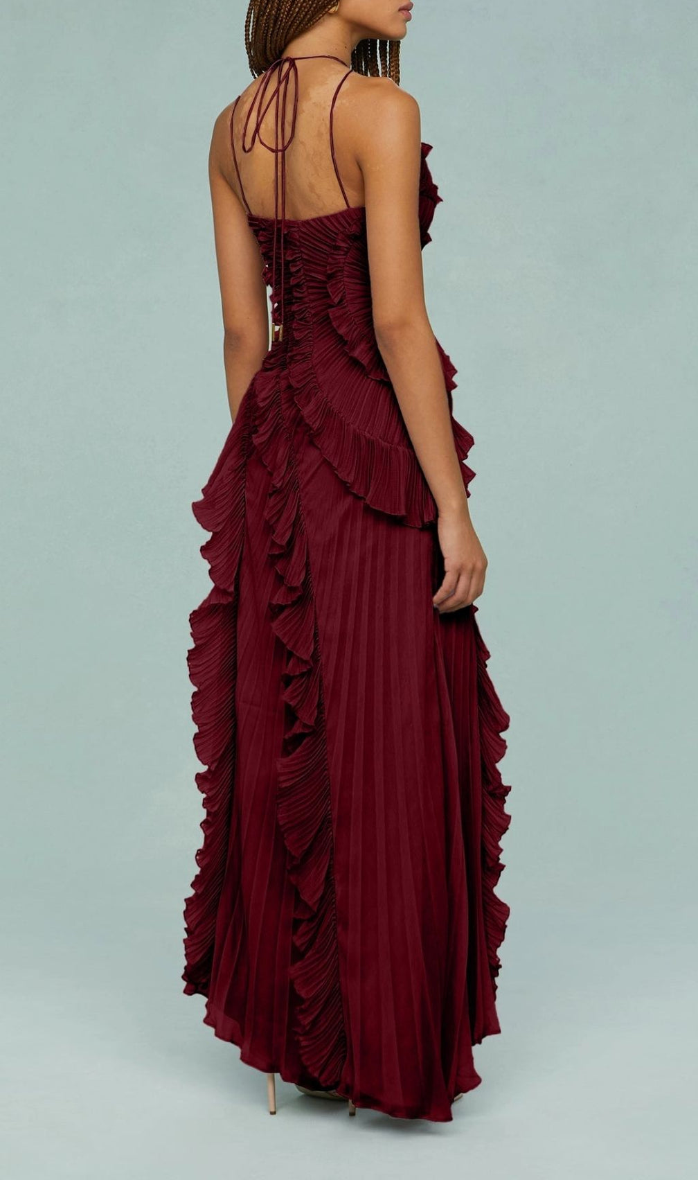 Finneas Crimson Red Halter Pleated Maxi Dress - Grecian Elegance