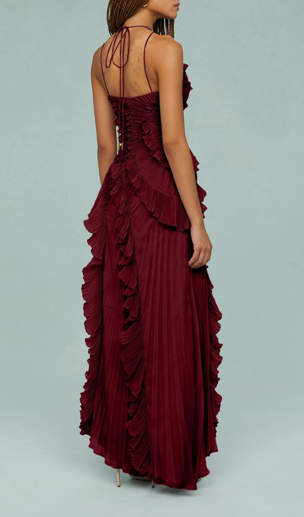 Finneas Crimson Red Halter Pleated Maxi Dress - Grecian Elegance