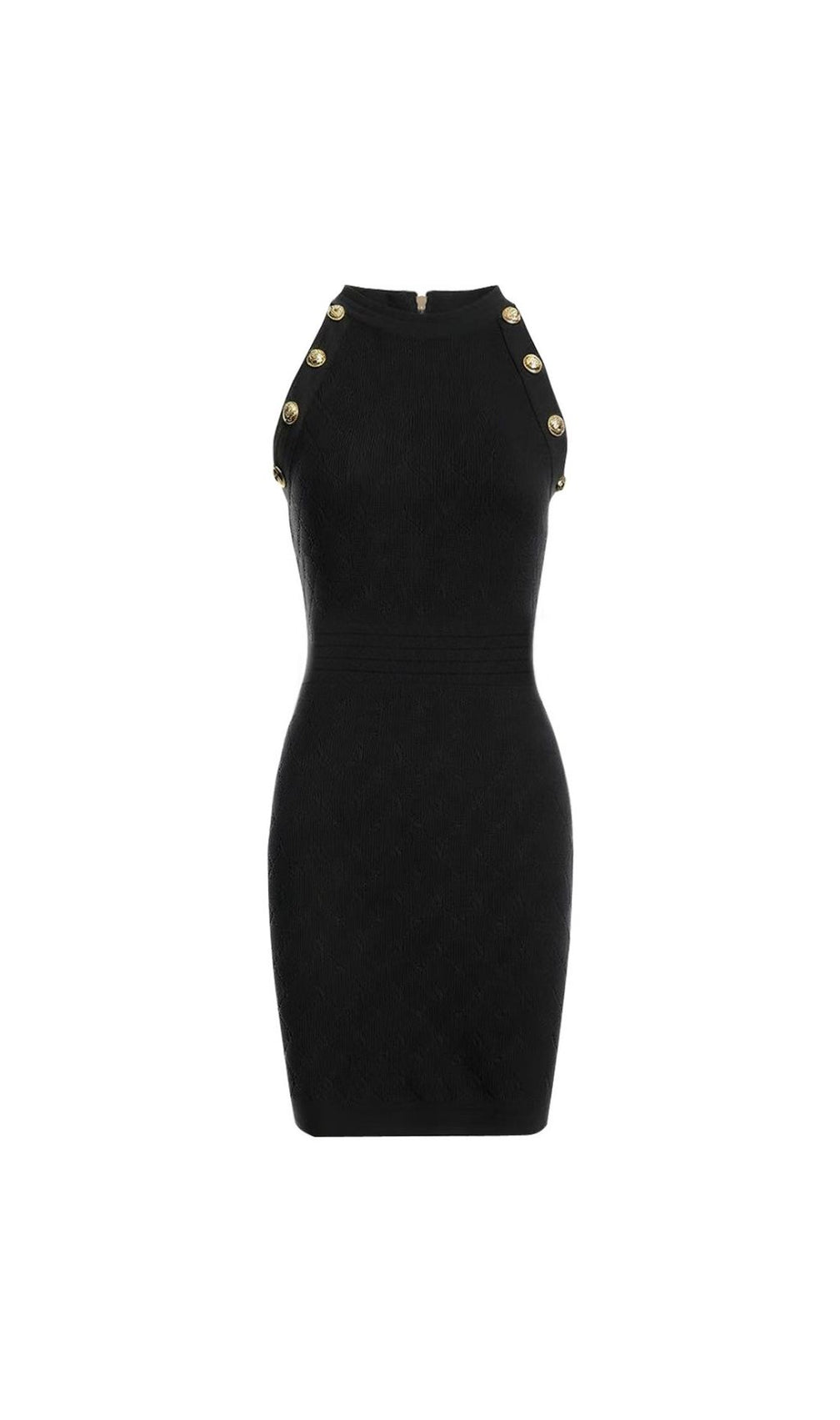 Kimber Chic Black Halter Knit Mini Dress | Gold Button Detail