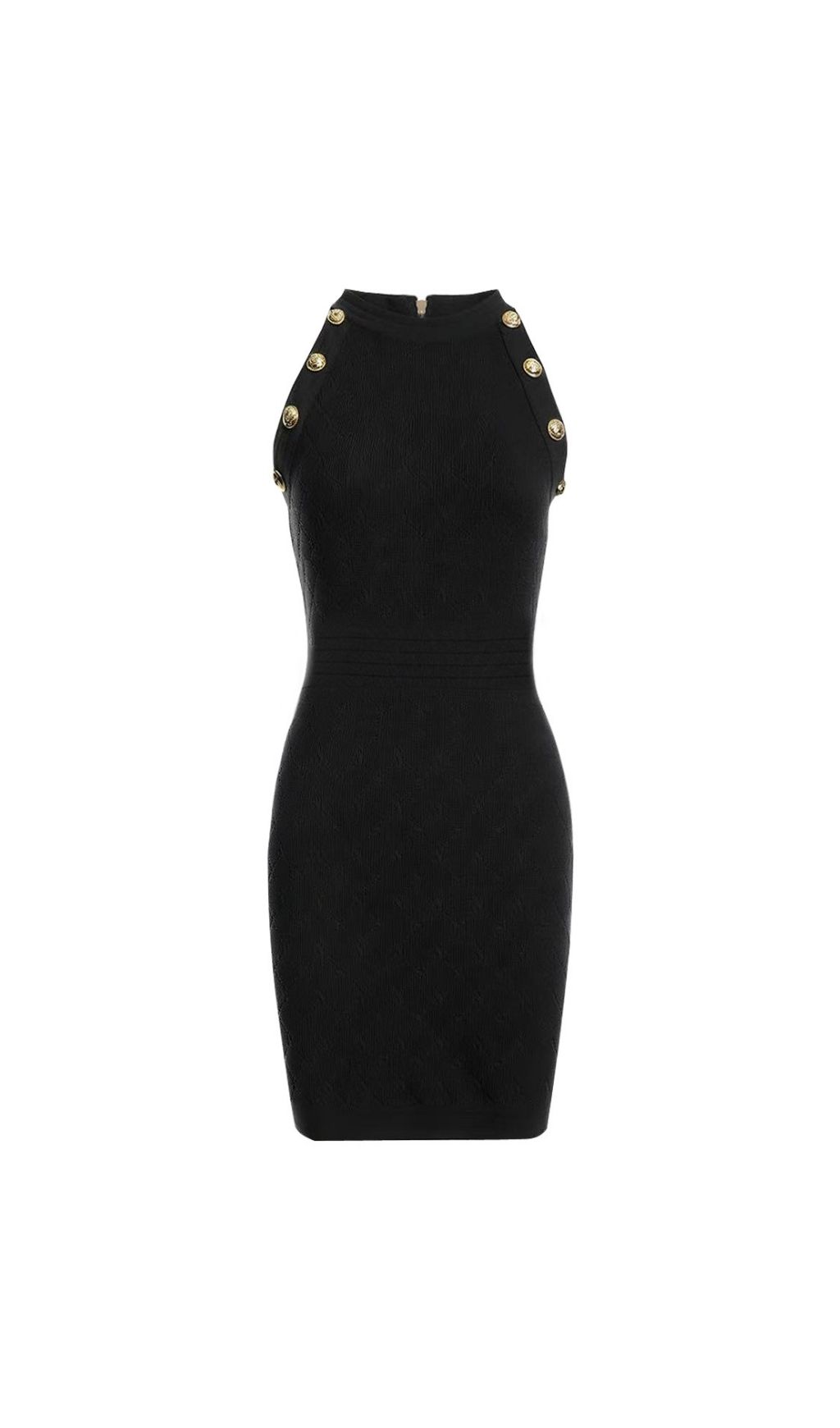 Kimber Chic Black Halter Knit Mini Dress | Gold Button Detail
