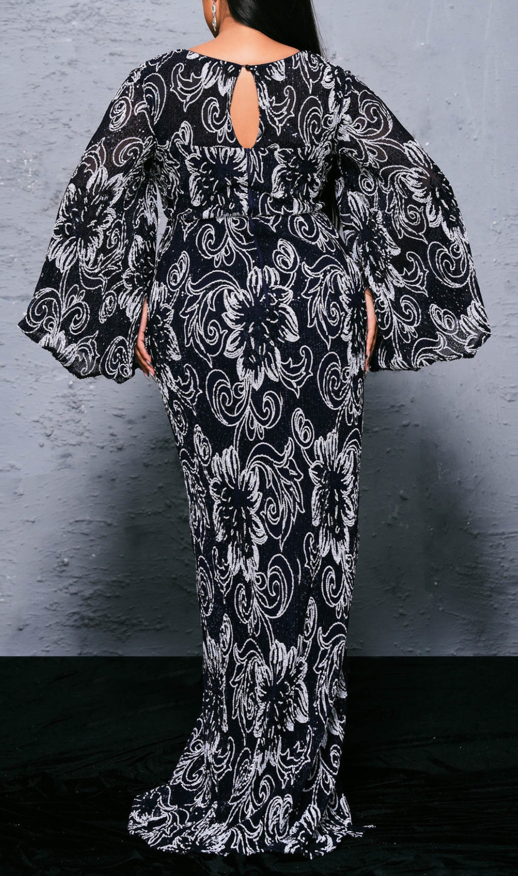 Bechan Black Flower Sequin Long Sleeve Maxi Dress