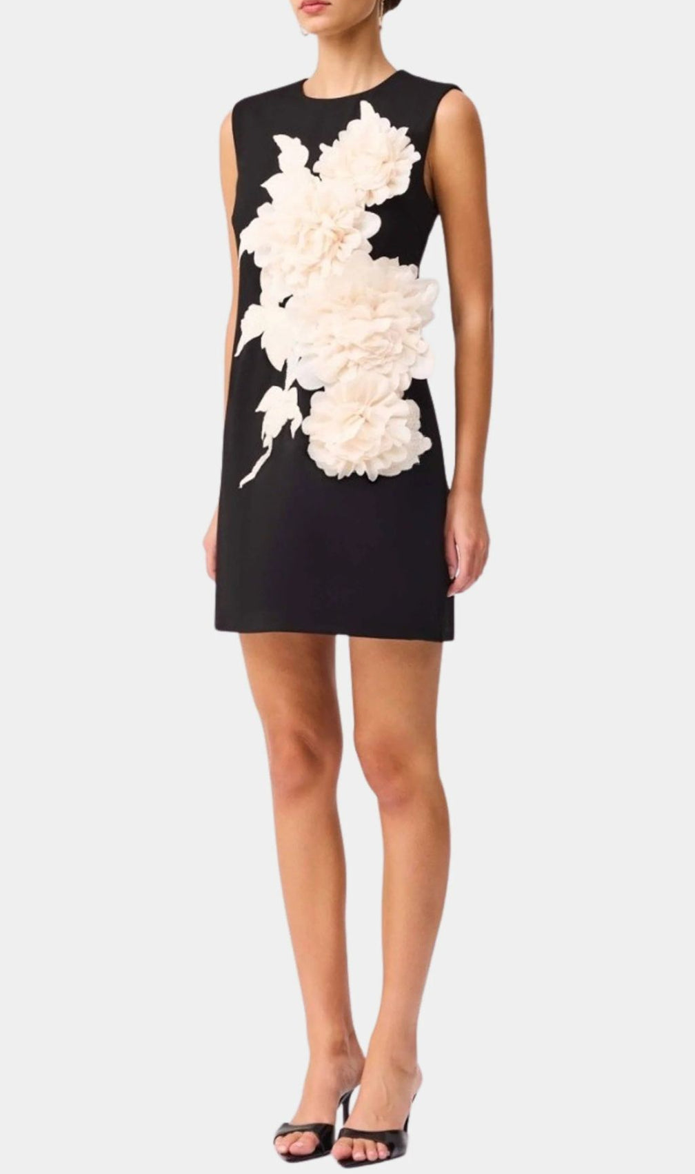Jocasta Elegant Black Mini Dress with 3D Floral Appliqué