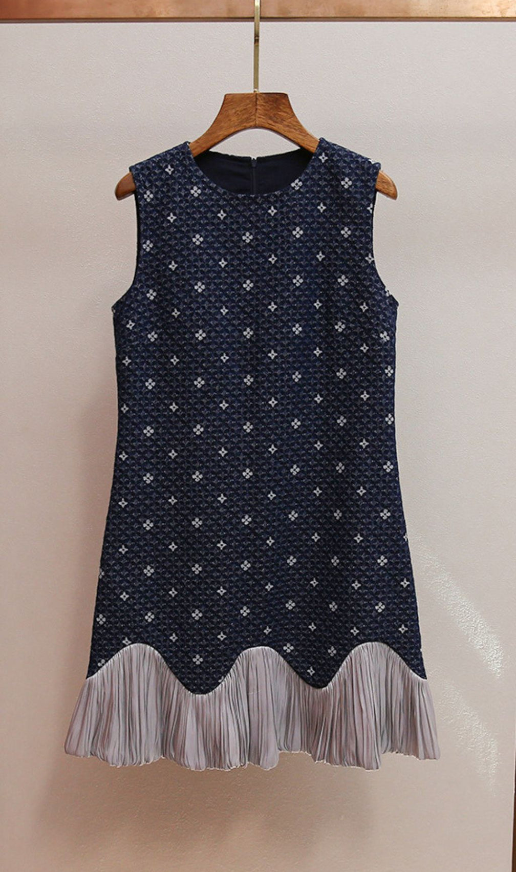Hasika Navy Geometric Sleeveless Mini Dress | Unique Wavy Pleated Hem