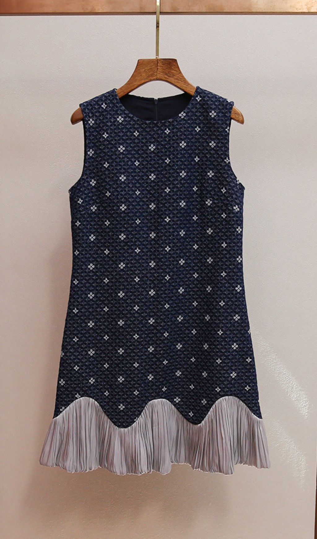 Hasika Navy Geometric Sleeveless Mini Dress | Unique Wavy Pleated Hem