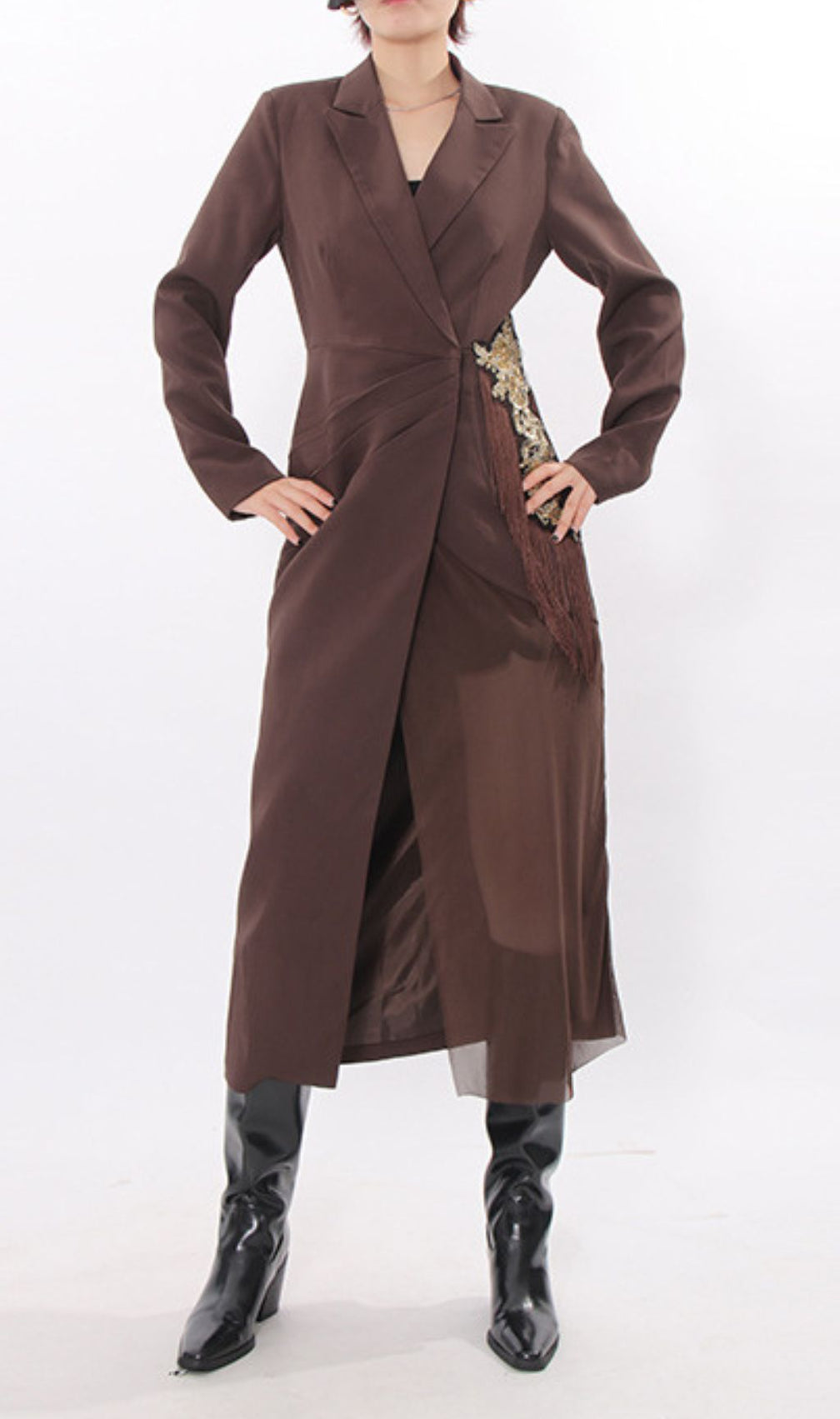 Iduia Brown Tassel Blazer Dress: Tailored Chic & Bohemian Flair