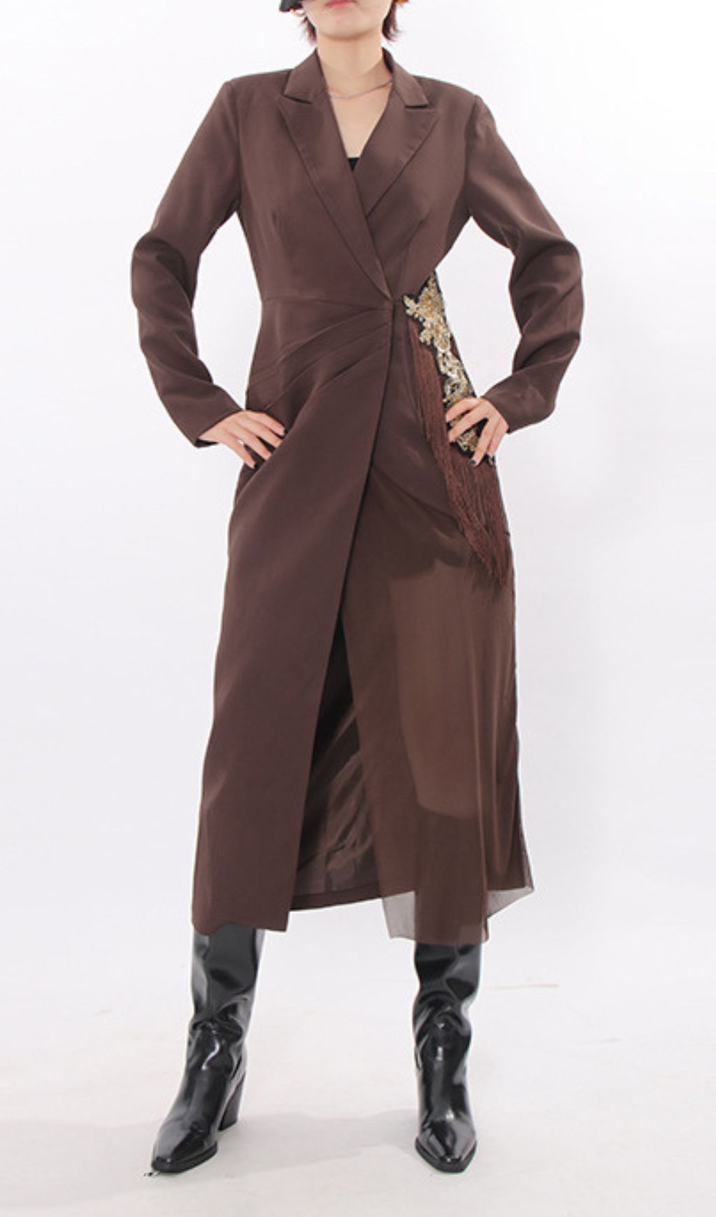 Iduia Brown Tassel Blazer Dress: Tailored Chic & Bohemian Flair