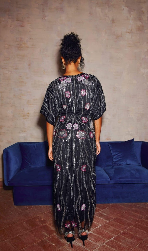 Doreen Black Floral Sequin Maxi Dress - Elegant Evening & Gala Gown