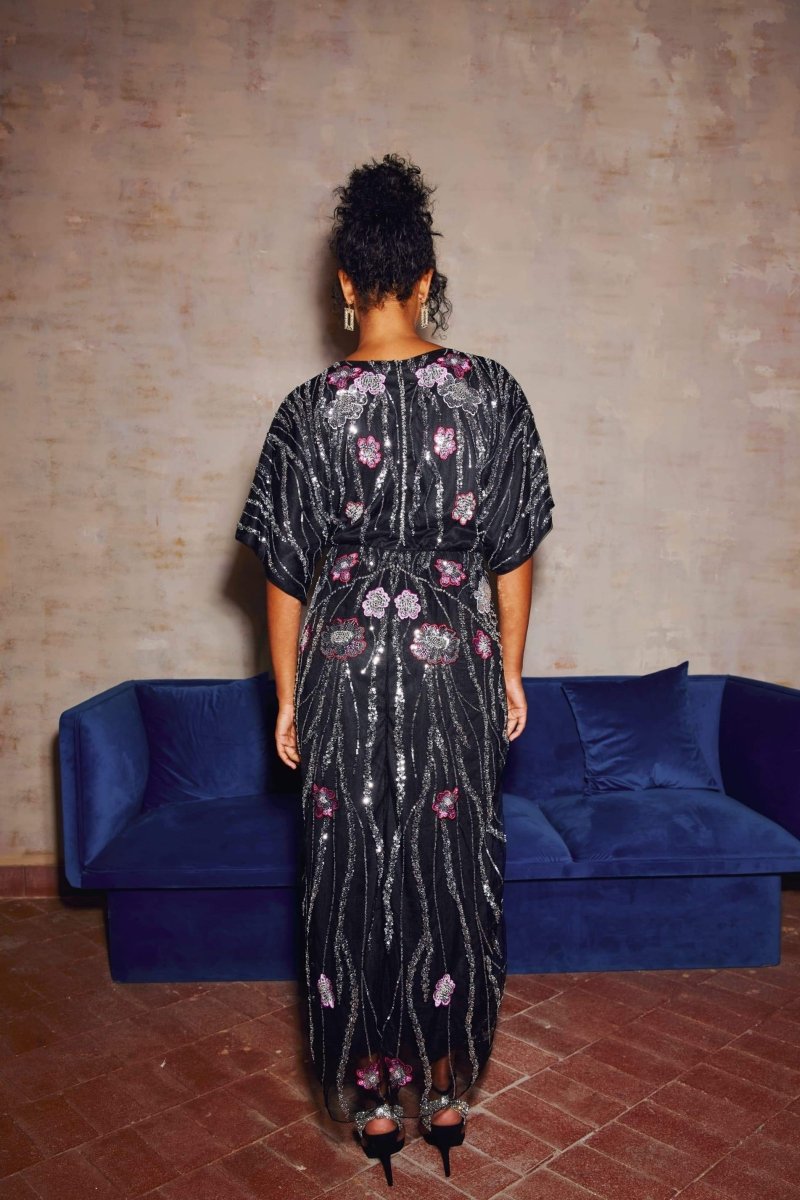 Doreen Black Floral Sequin Maxi Dress - Elegant Evening & Gala Gown