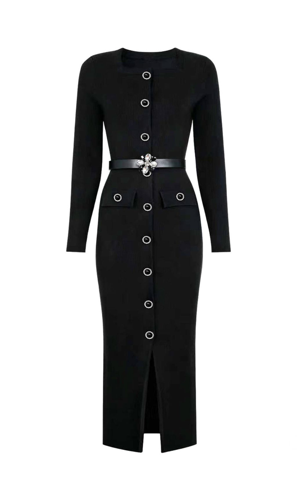 The June Knit Midi Dress: Elegant Ribbed Style with Embellished Belt