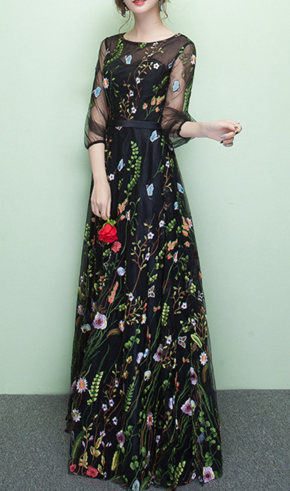 Dannell Black Flower Mesh Sleeve Maxi Dress