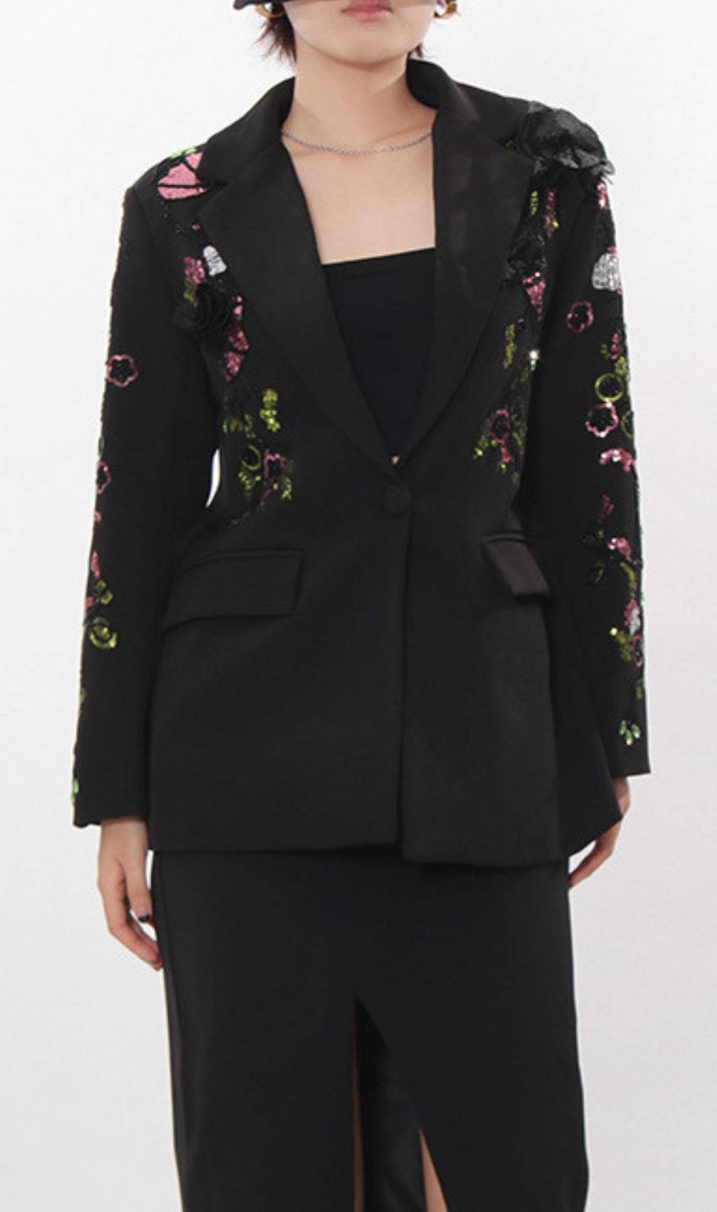 Ifama Black Sequin Floral Blazer - Women's Glam Statement Jacket