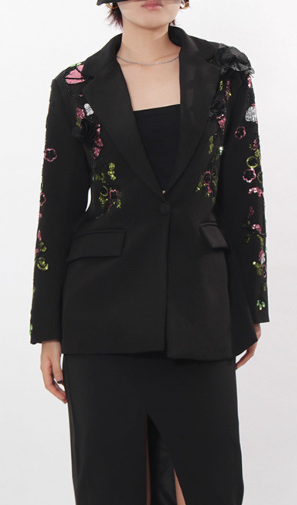 Ifama Black Sequin Floral Blazer - Women's Glam Statement Jacket