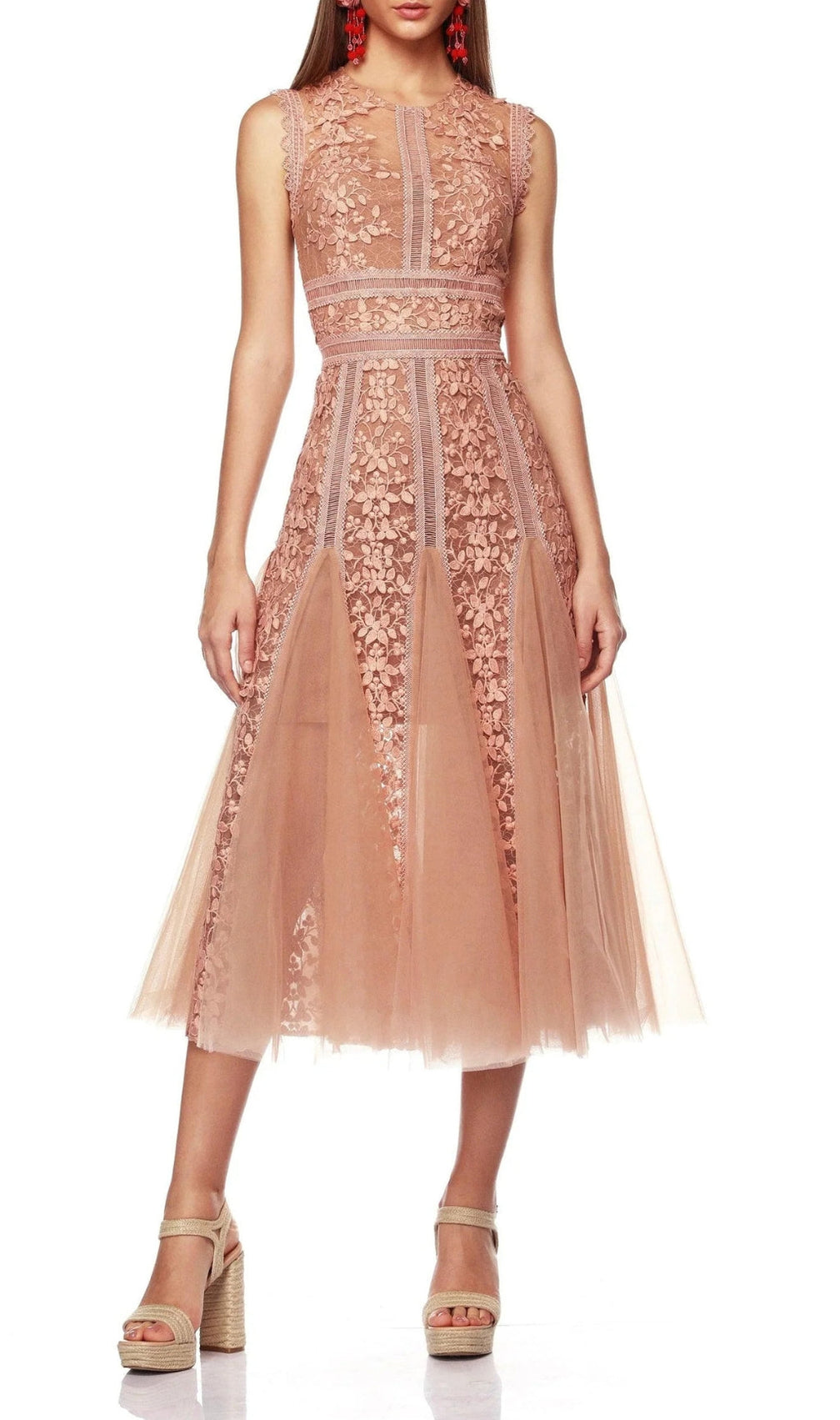 Audrianna Light Peach Embroidery Mesh Midi Dress