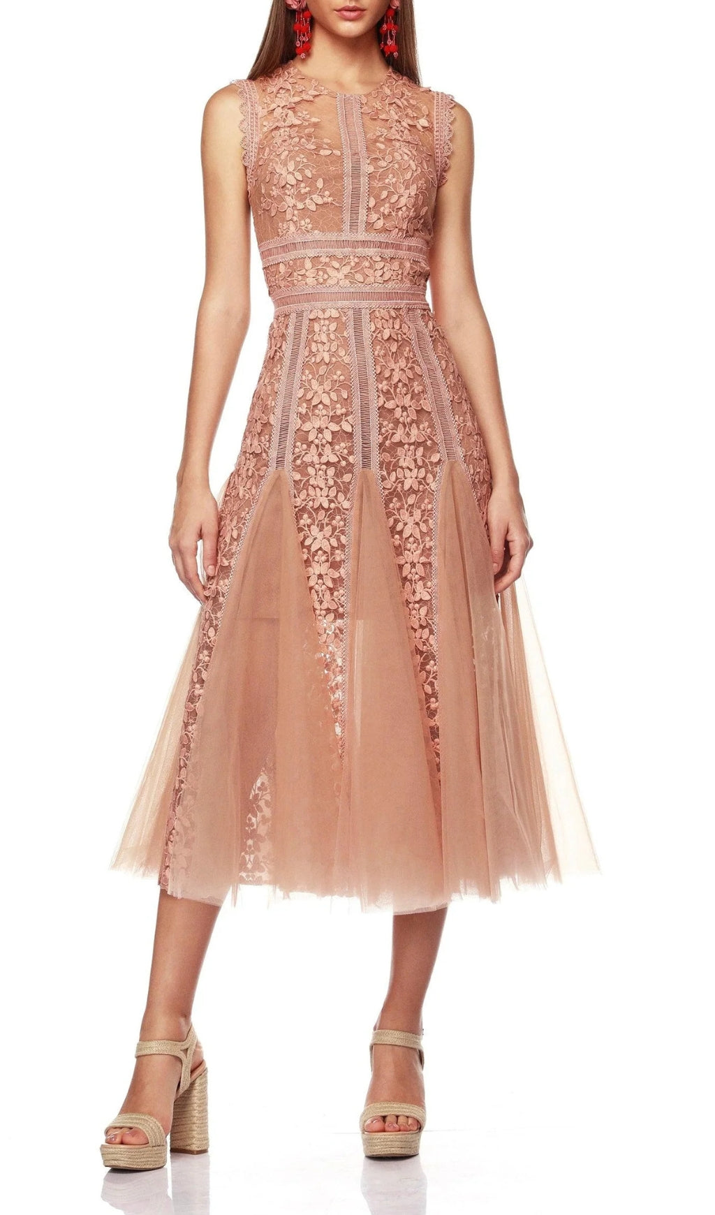 Audrianna Light Peach Embroidery Mesh Midi Dress