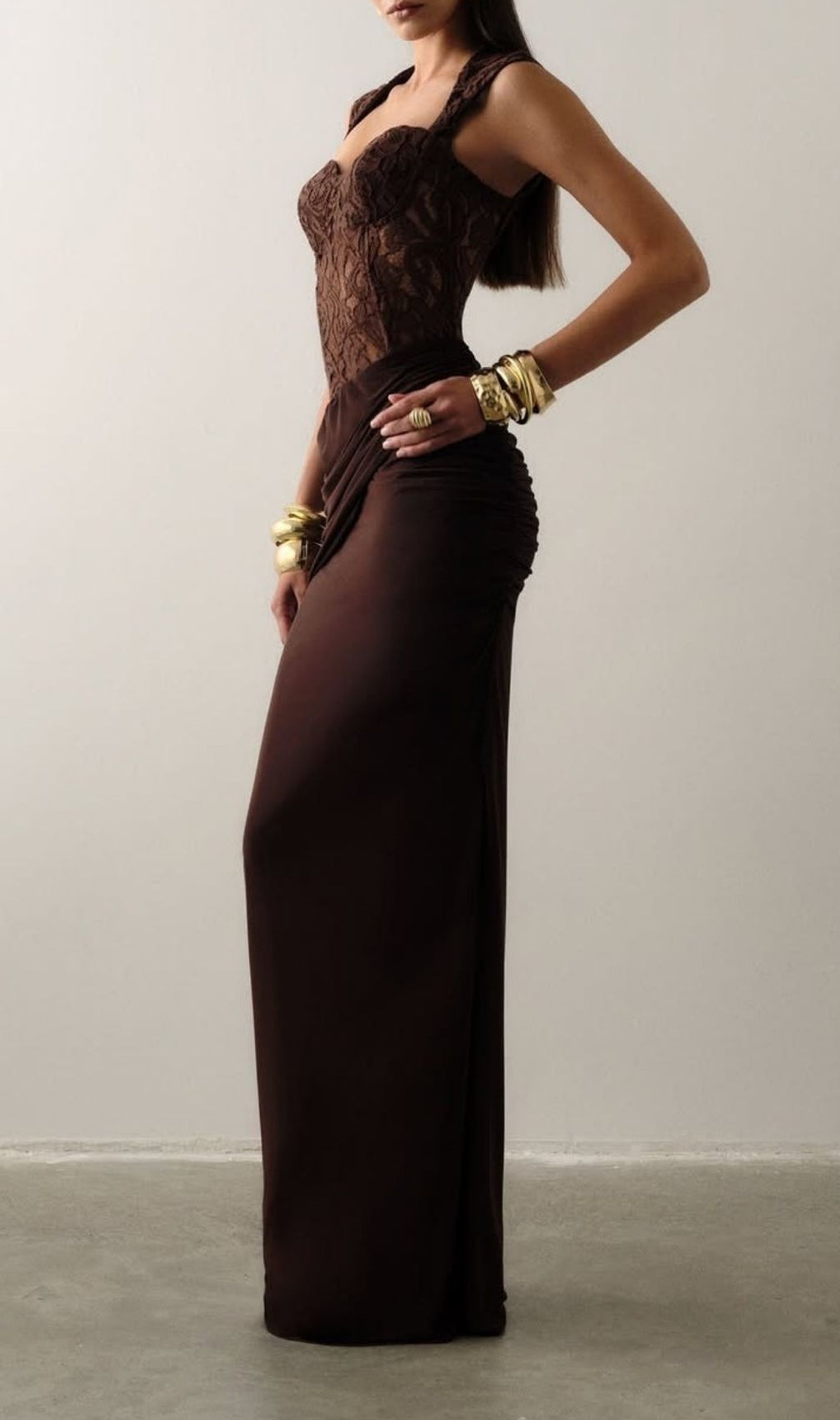 Keegan Elegant Brown Lace Ruched Maxi Dress