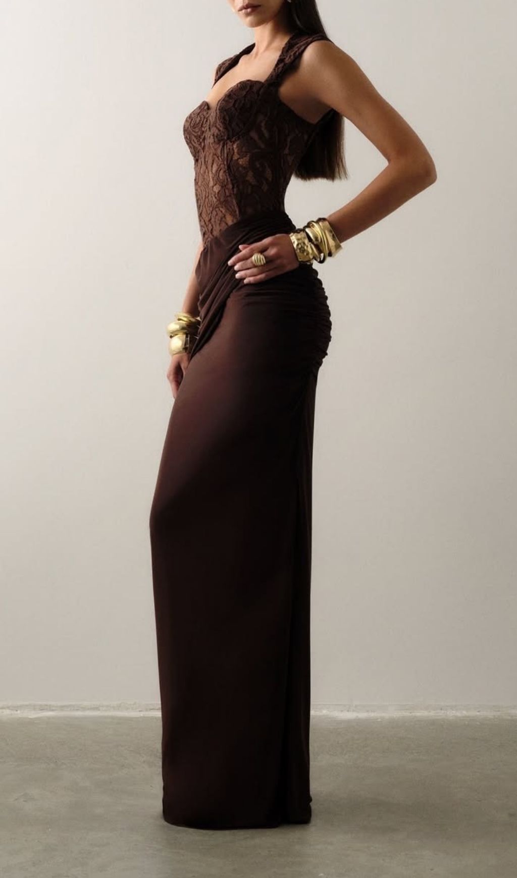 Keegan Elegant Brown Lace Ruched Maxi Dress