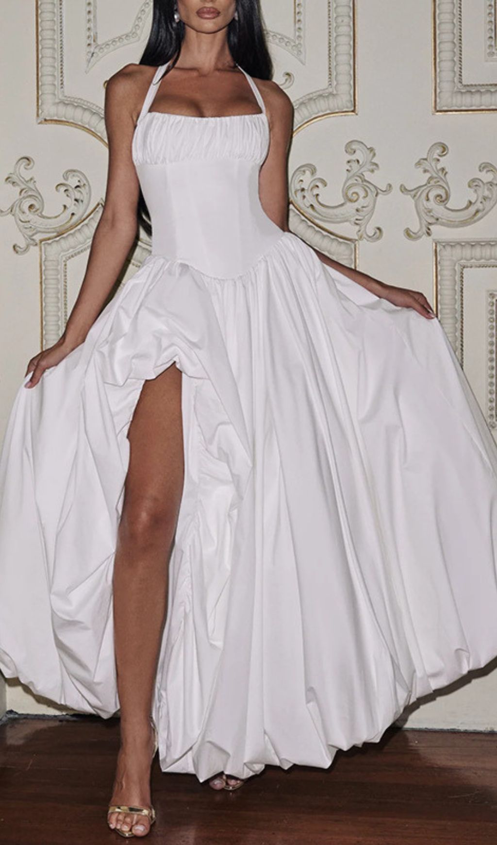 Judas Halter Maxi Dress: Elegant Blush Pink Gown with High Slit & Sculptural Volume