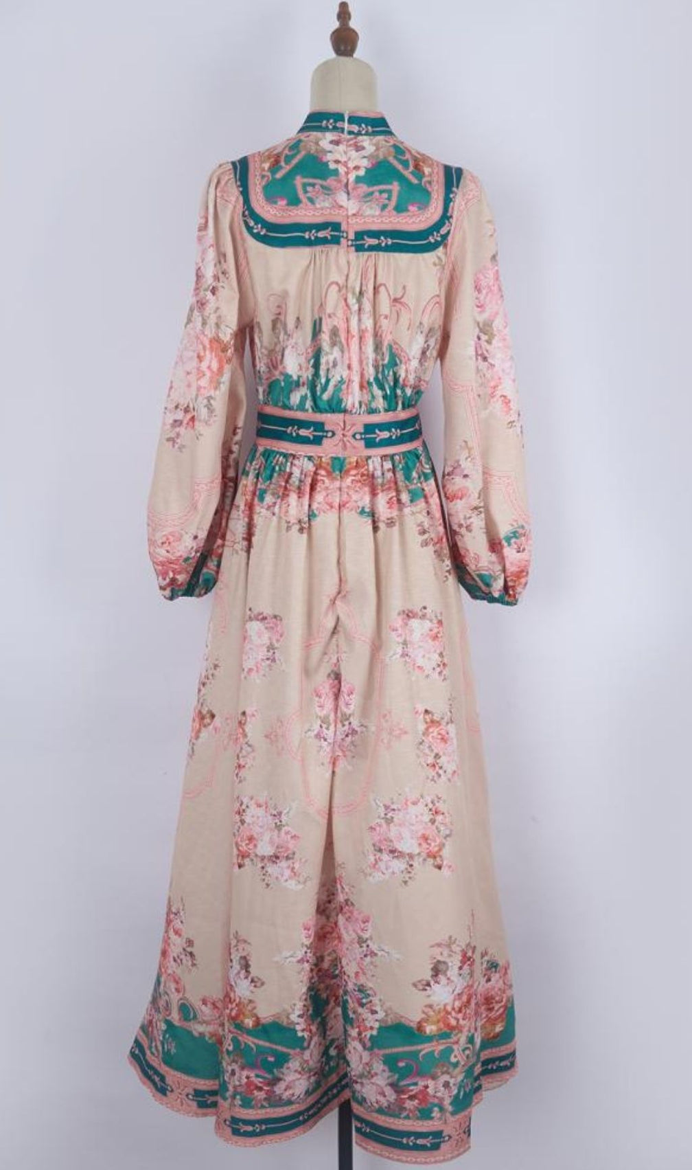 Kamillia Elegant Green Floral Long Sleeve Maxi Dress | Romantic Garden Party Gown for Women