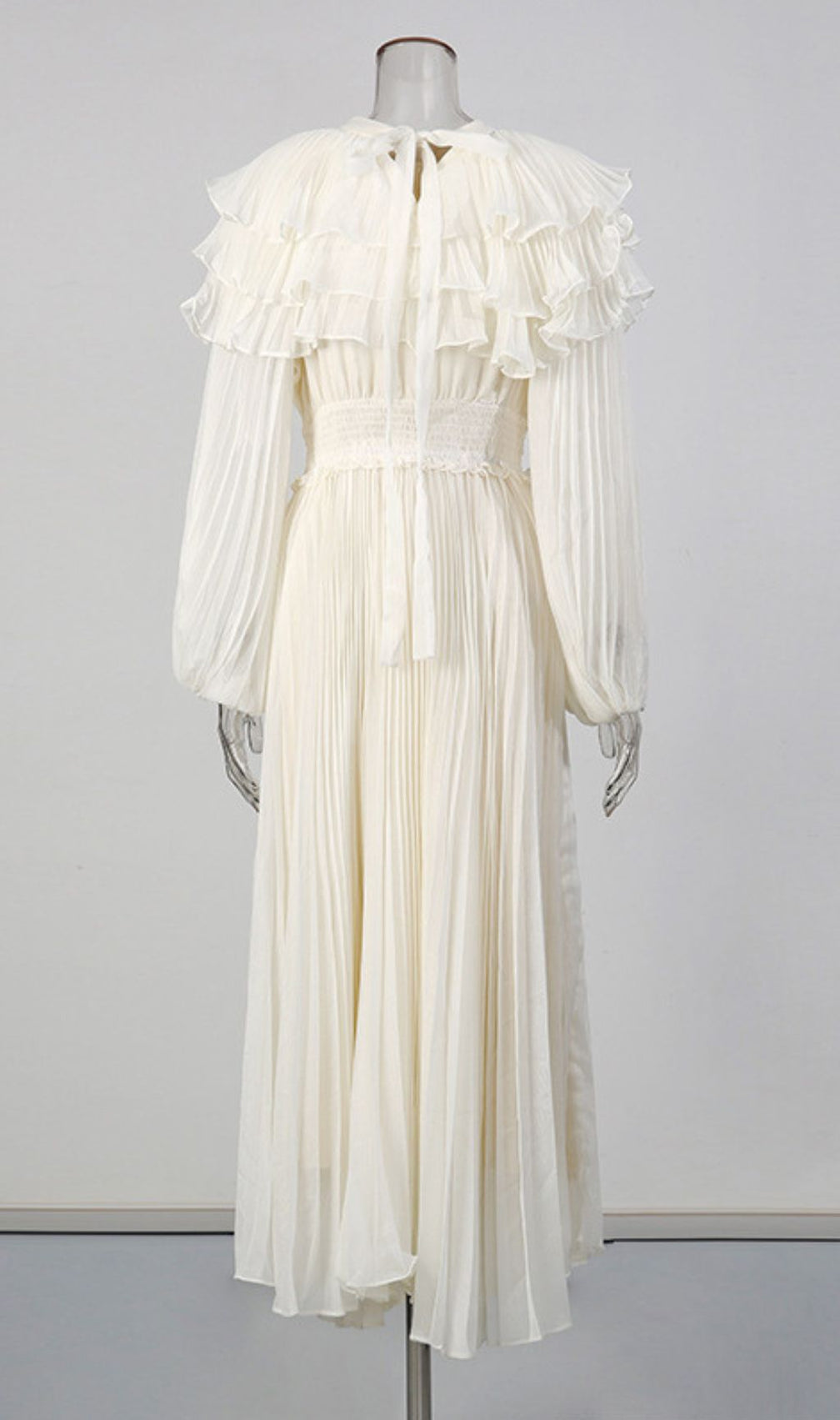 Julisa Ivory Ruffle Pleated Midi Dress - Elegant Long Sleeve for Women