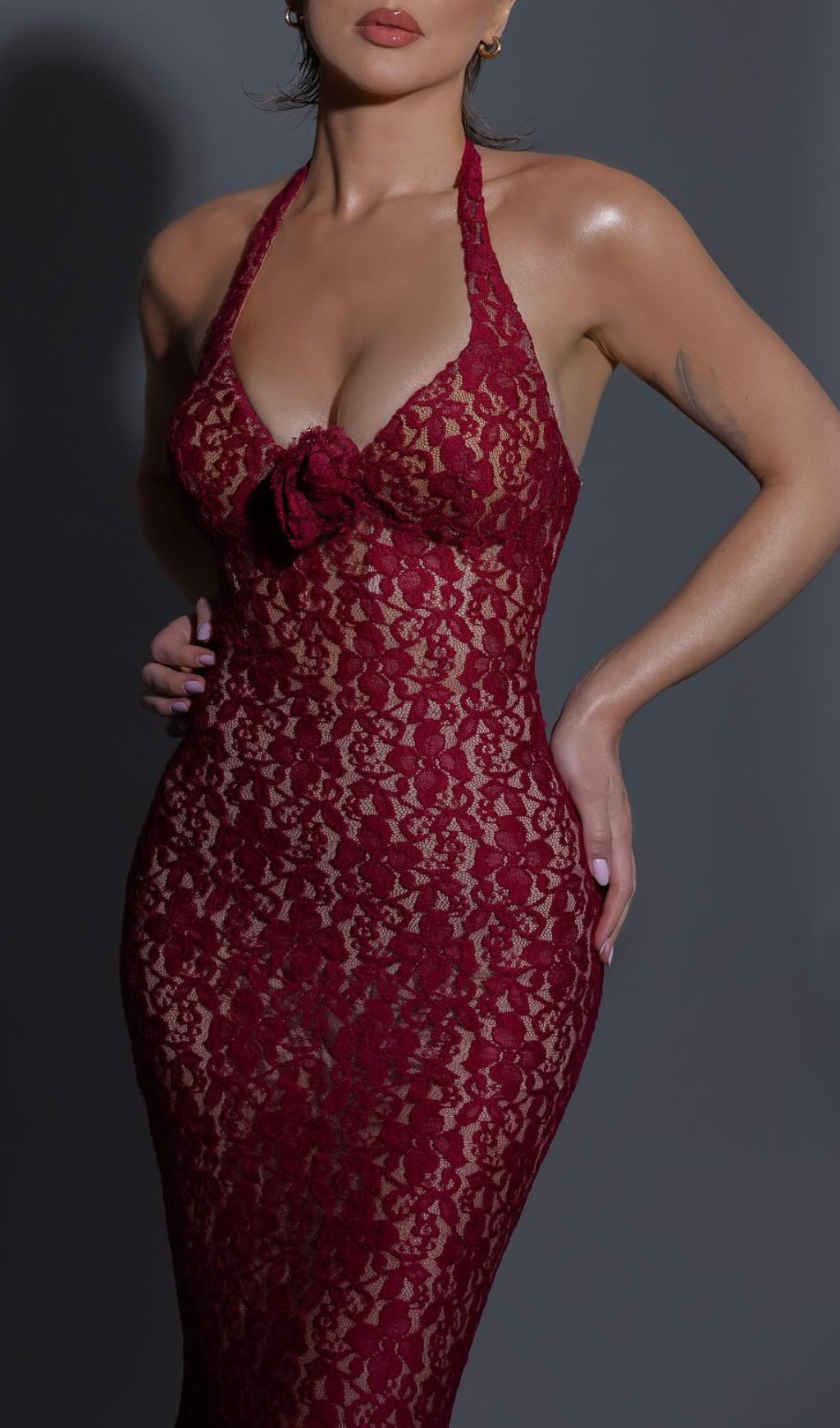 Bedelia Wine Halter Lace Maxi Dress