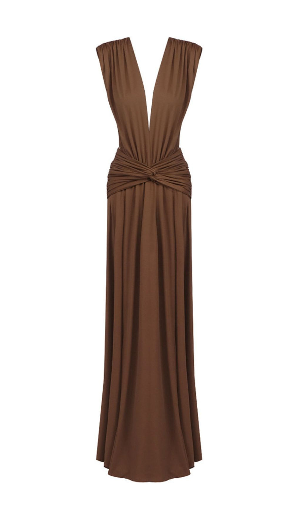 Joselyn Deep V-Neck Knotted Maxi Dress - Elegant Coffee Brown Gown