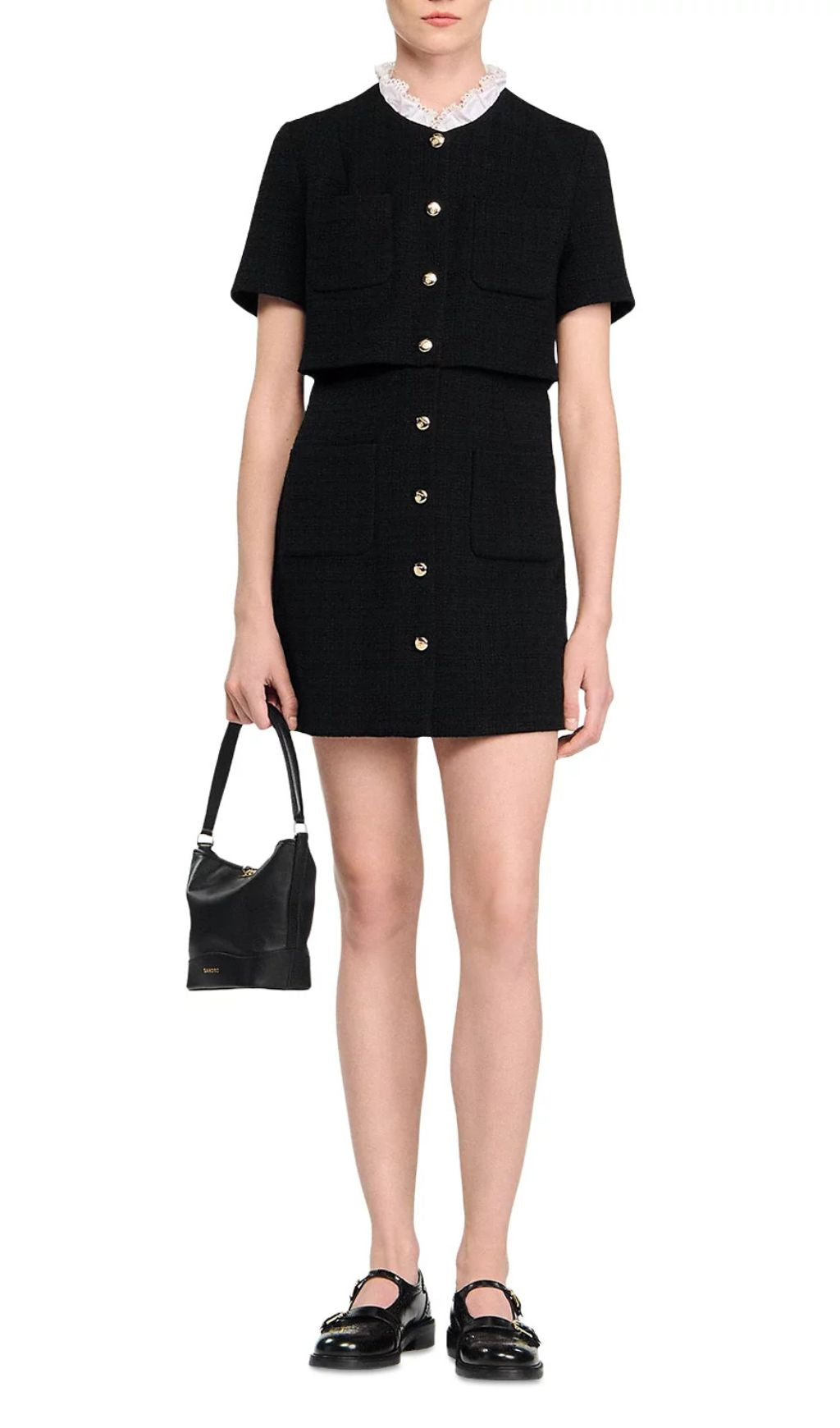 Elegant Black Tweed-Style Mini Dress | Removable Lace Collar & Gold Buttons