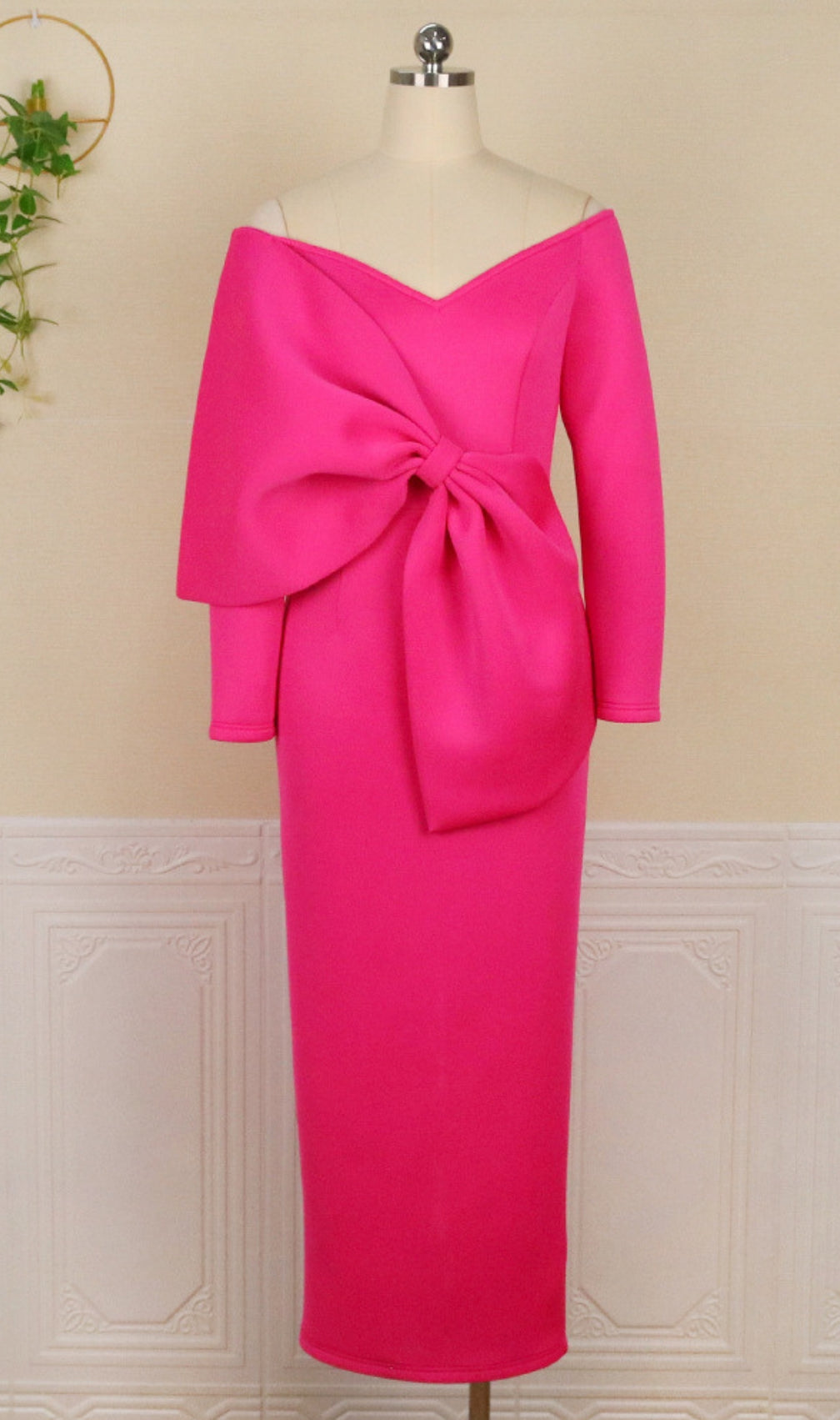 Batan Pink Bow Long Sleeve Midi Dress