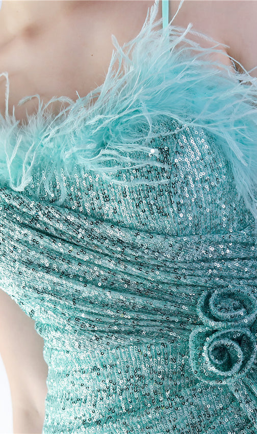 Chroma Mint Sequin Flower Feather Maxi Dress