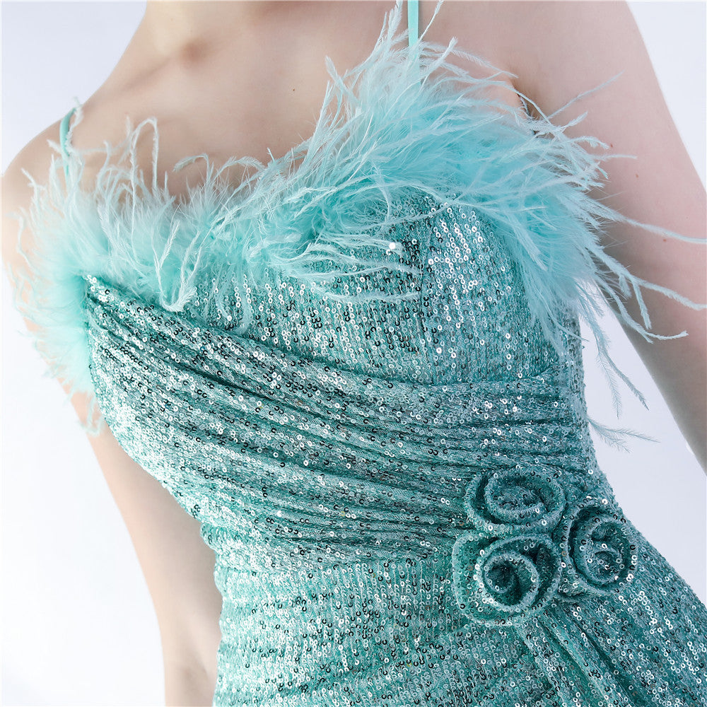 Chroma Mint Sequin Flower Feather Maxi Dress