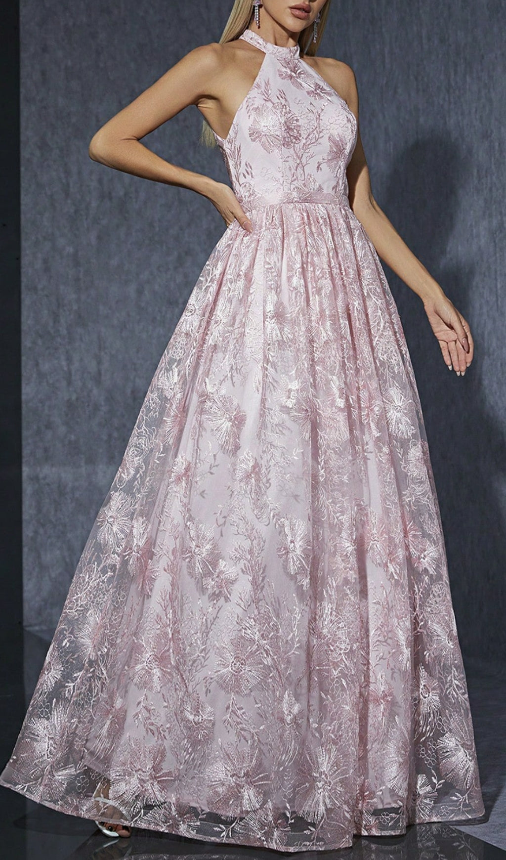 Dolores Pink Halter Embroidery Maxi Dress 