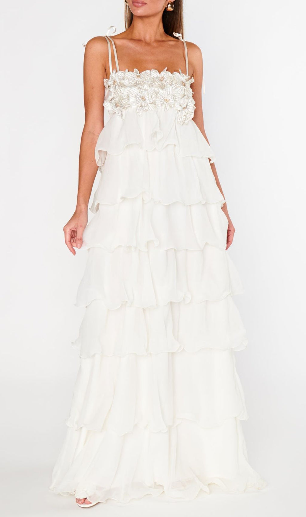 Fauve White Flower Tiered Maxi Dress