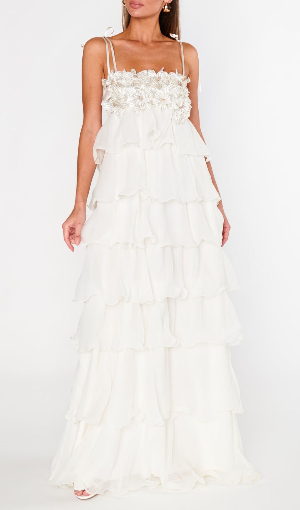 Fauve White Flower Tiered Maxi Dress