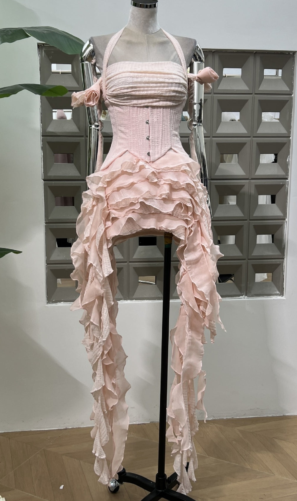 Dalilah Ethereal Corset Ruffle Mini Dress - Chic High-Low Halter Design