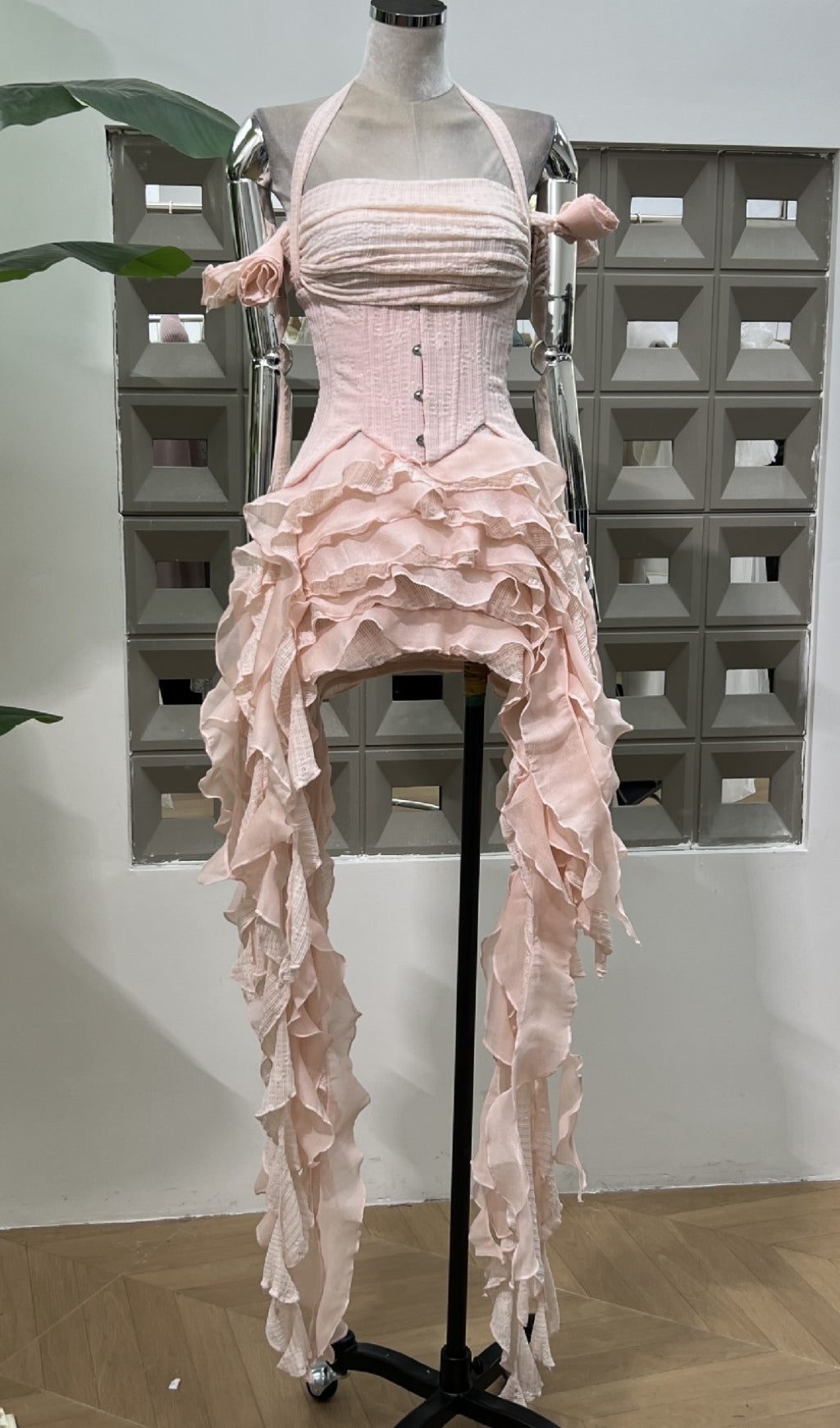 Dalilah Ethereal Corset Ruffle Mini Dress - Chic High-Low Halter Design