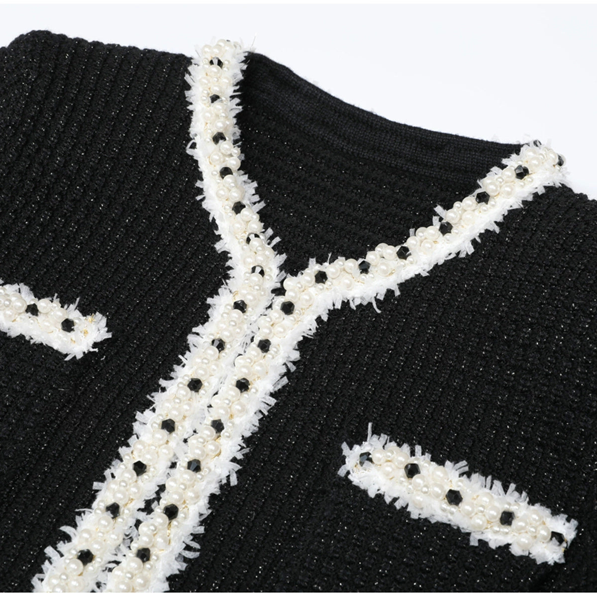Kaula Sparkling Black Beaded Knit Midi Dress | Elegant Long Sleeve with Ruffle Cuffs