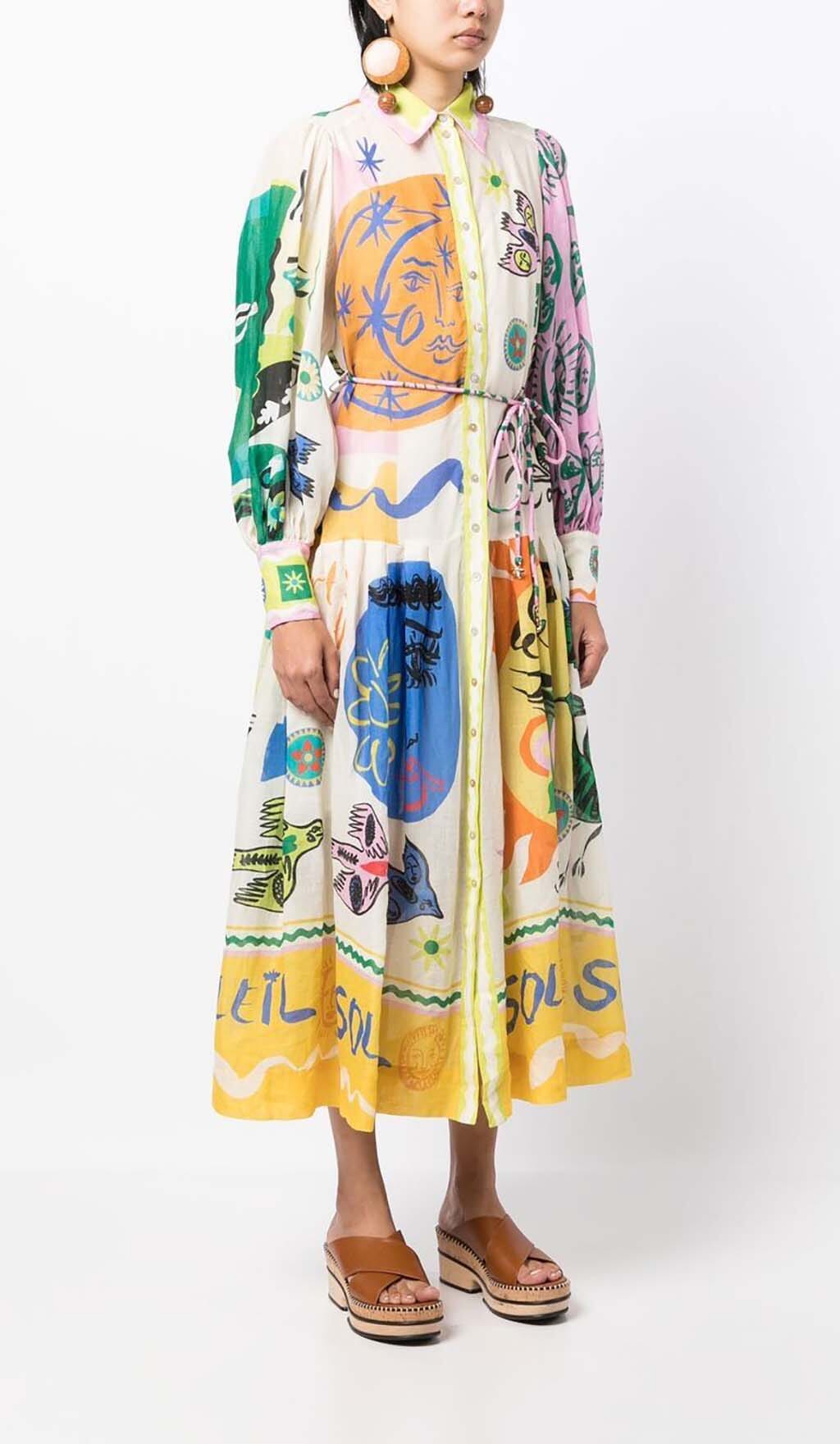 Lantern Sleeve Print Midi Dress