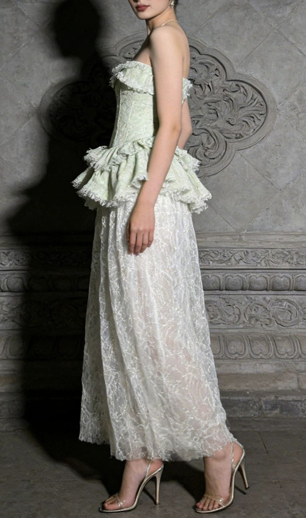 Jenis Sage Green Strapless Corset Peplum Lace Maxi Dress