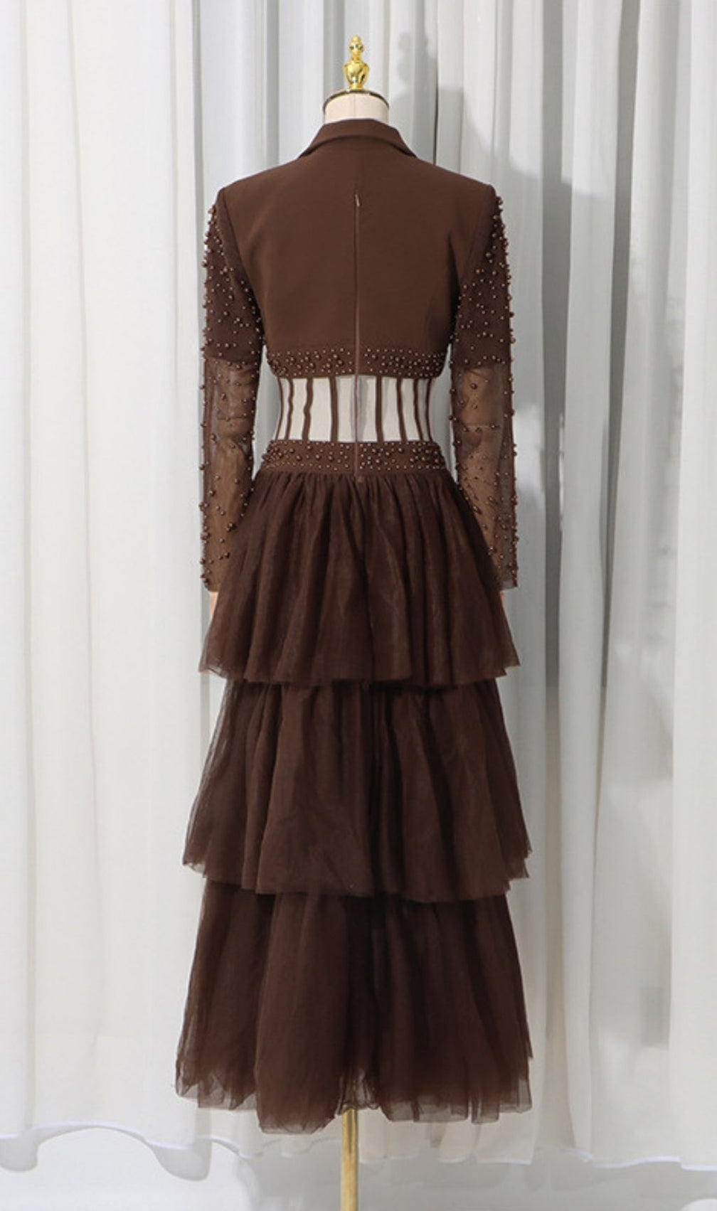 Kaysar Coffee Brown Beaded Corset Gown | Elegant Tiered Mesh Maxi Dress
