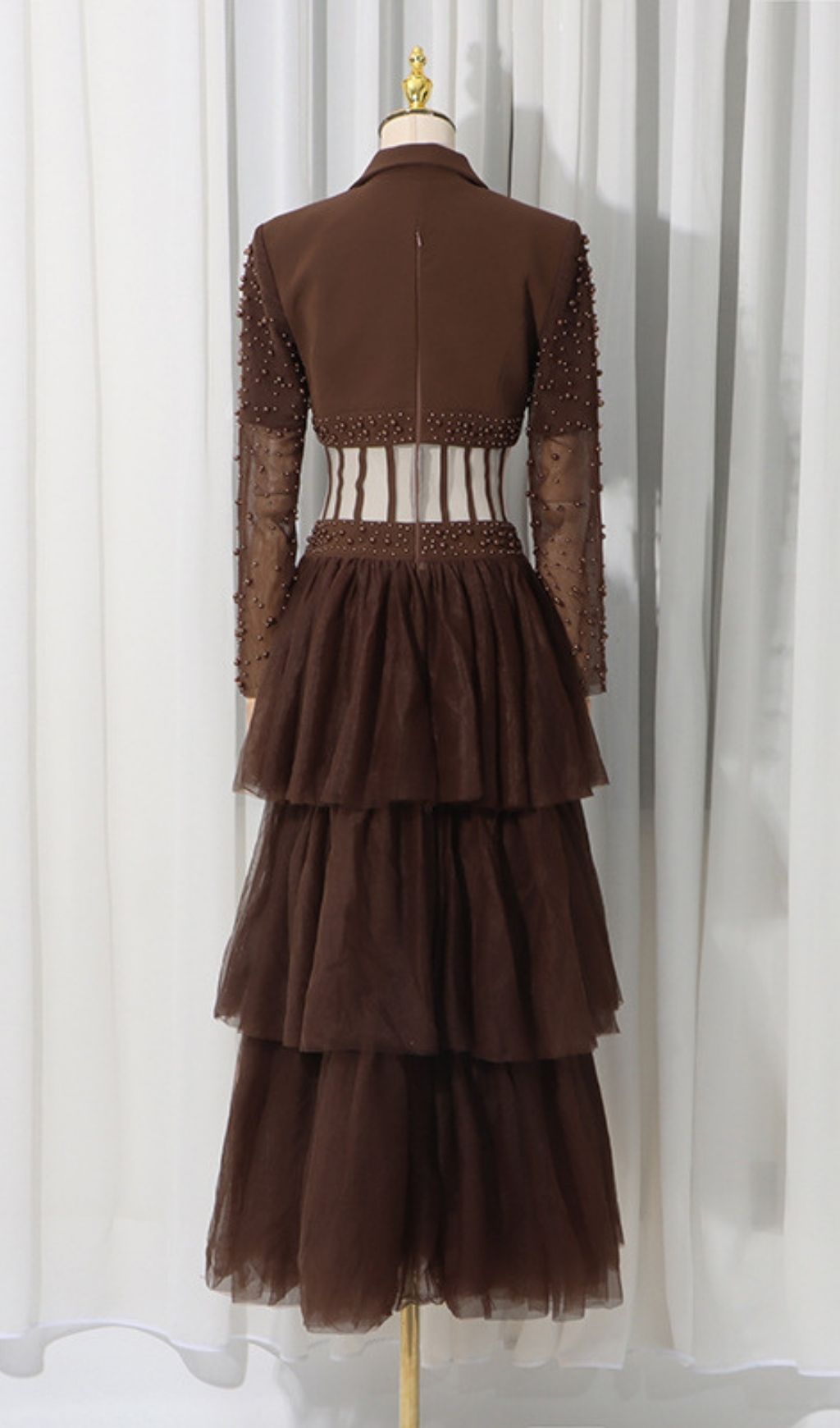 Kaysar Coffee Brown Beaded Corset Gown | Elegant Tiered Mesh Maxi Dress