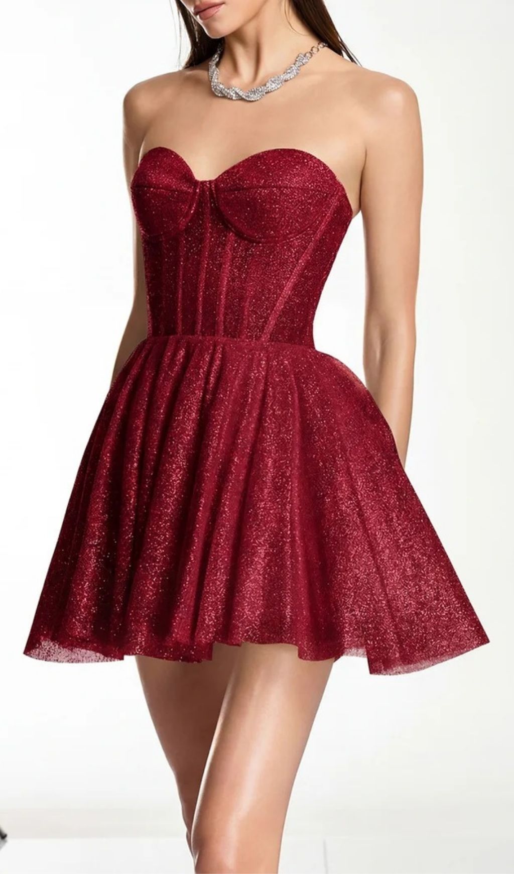 Darda Strapless Glitter Corset Mini Dress - Wine Red Party Glam