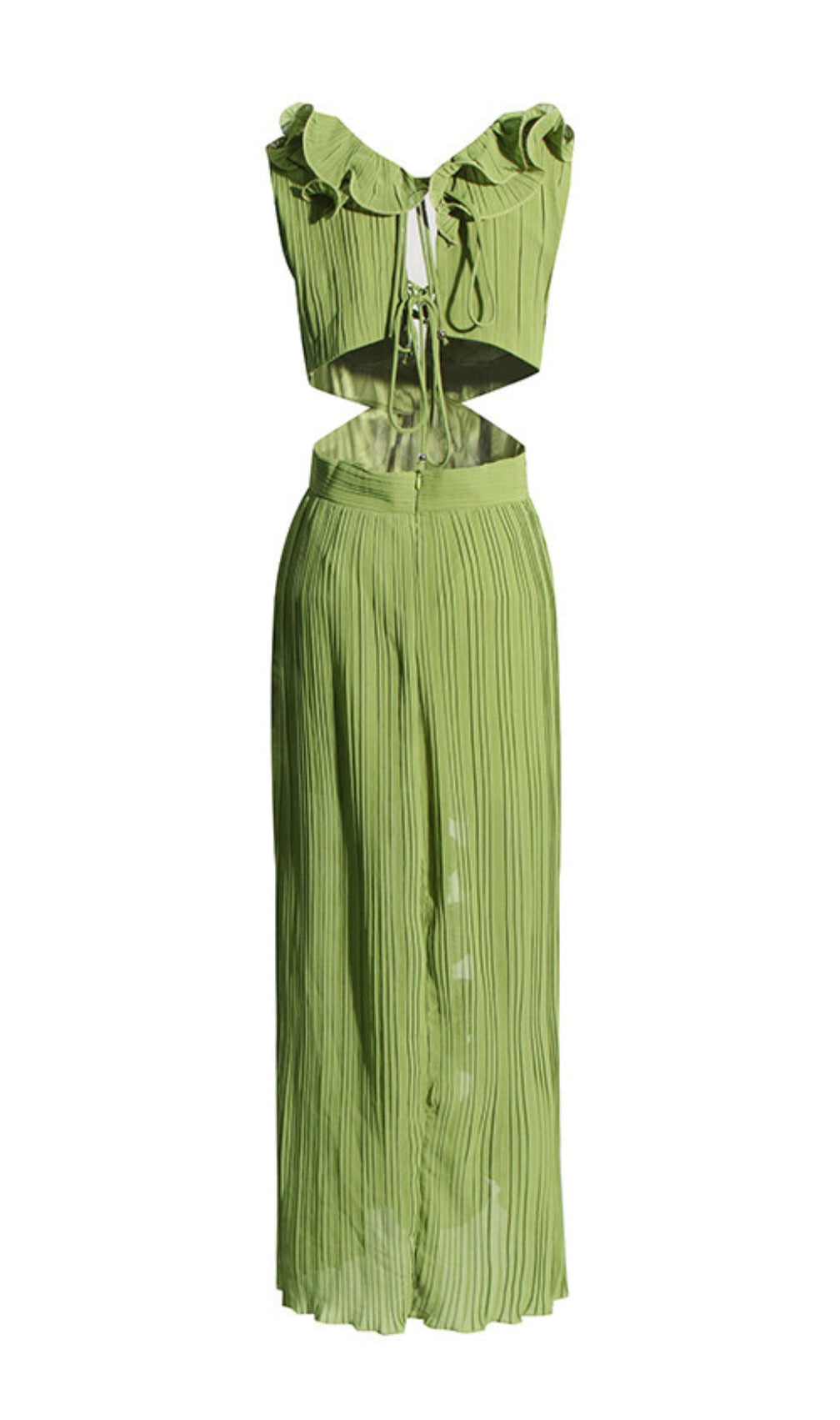Beulah Green Deep V-Neck Ruffle Slit Maxi Dress