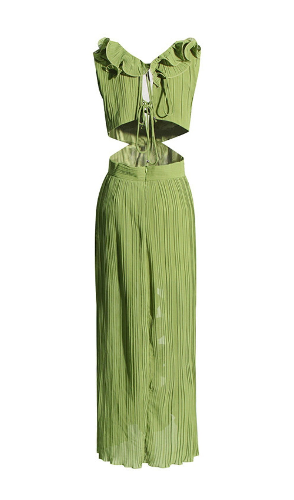 Beulah Green Deep V-Neck Ruffle Slit Maxi Dress